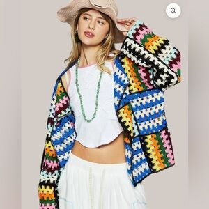 BLUE Granny Square Crochet Patchwork Cardigan Sweater